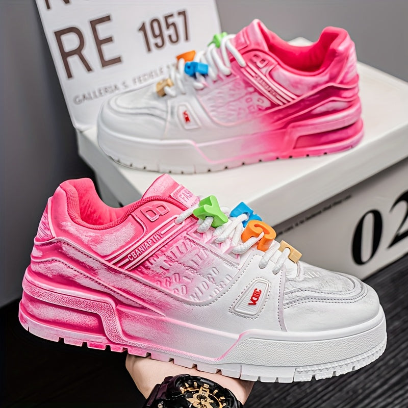 Men's Trendy Low-Top Skate Sneakers - White & Pink Casual Shoes with Playful Number Design