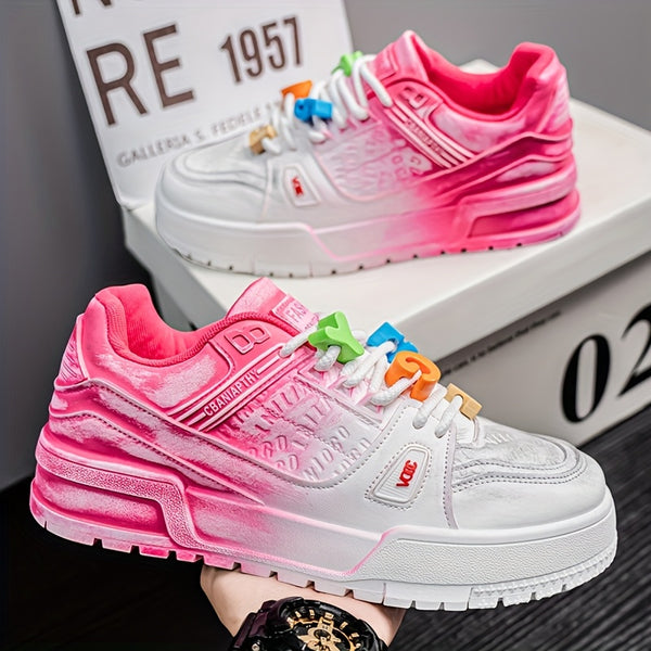 Men's Trendy Low-Top Skate Sneakers - White & Pink Casual Shoes with Playful Number Design