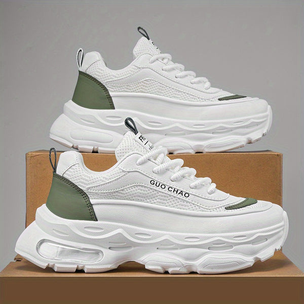 Men's Sneakers - White\u002FGreen Accents, Breathable Running Shoes with Thick Cushioned Sole