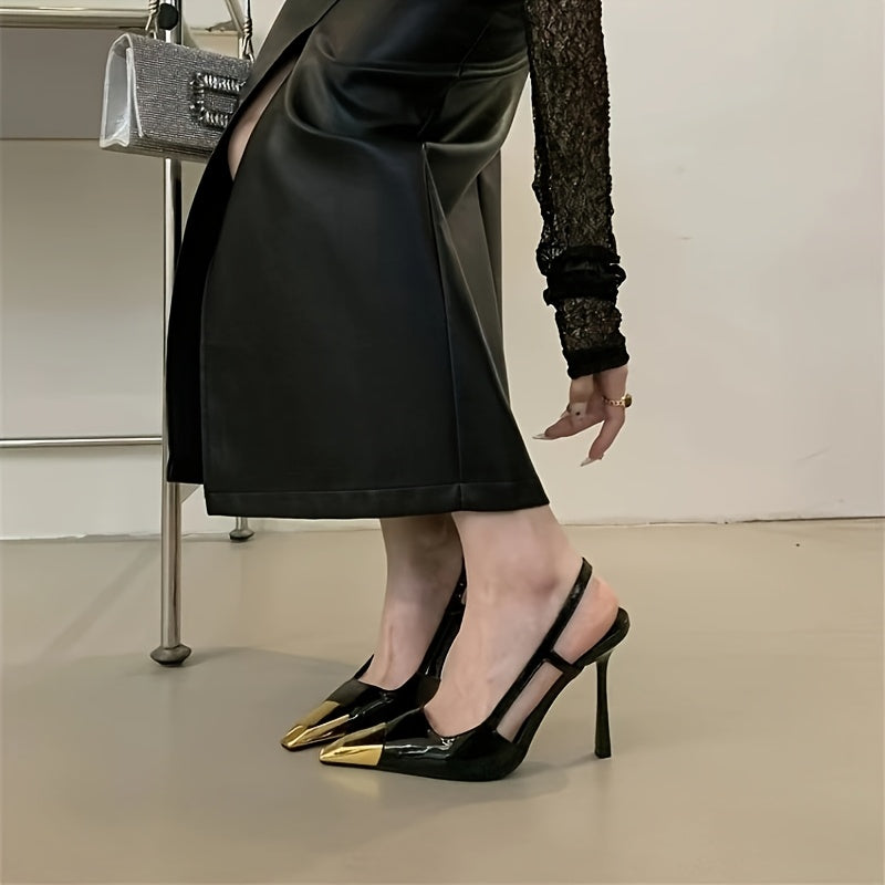 Women's Elegant Black Synthetic Cover Pointed-Toe Stiletto Heel Sandals - Slip-On Open-Toe Summer High Heels with Golden Accent Insole