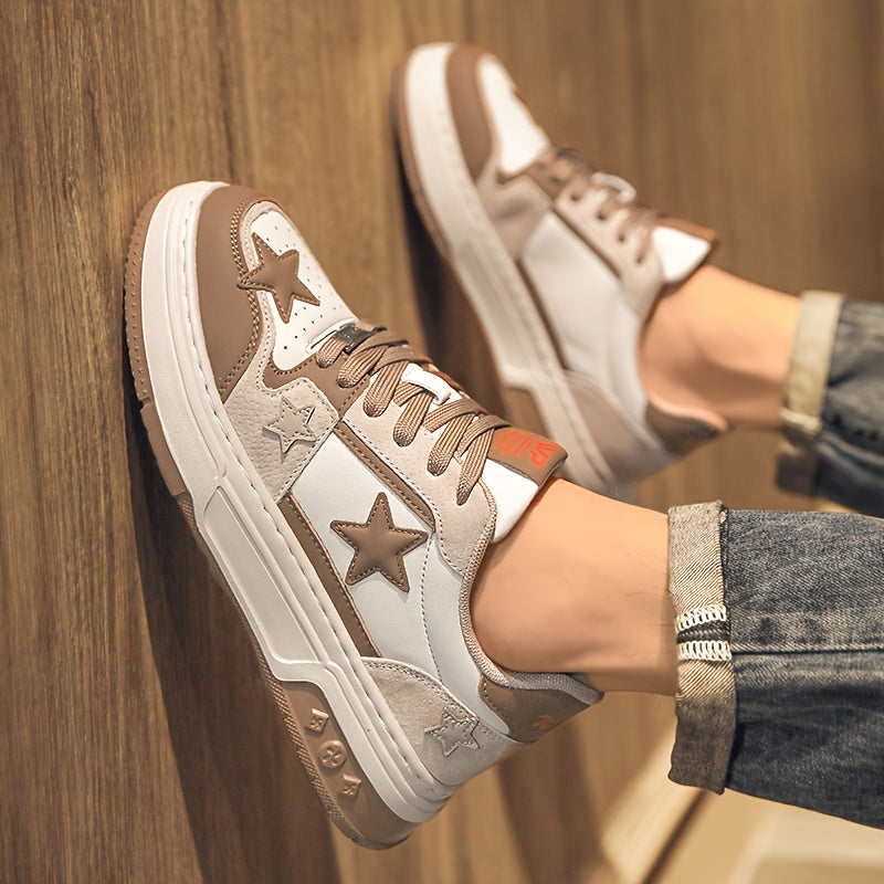 Men's Trendy Low-Top Skate Sneakers - White & Brown Star Design, Lace-Up, Rubber Sole