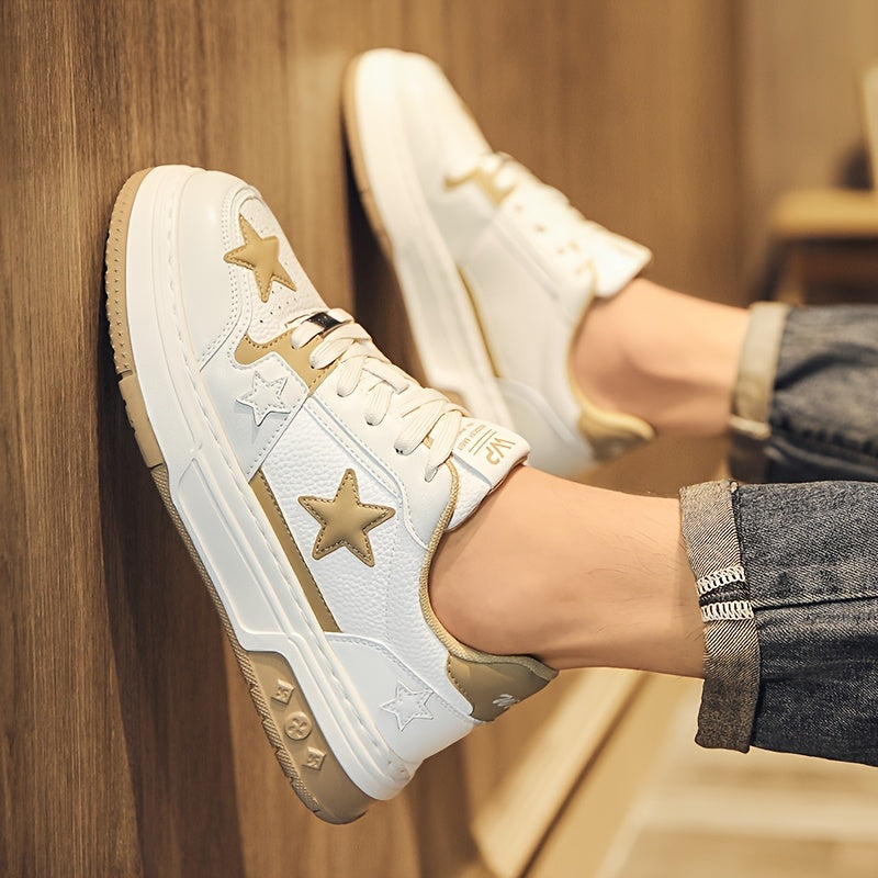 Men's Trendy Low-Top Skate Sneakers - White & Brown Star Design, Lace-Up, Rubber Sole