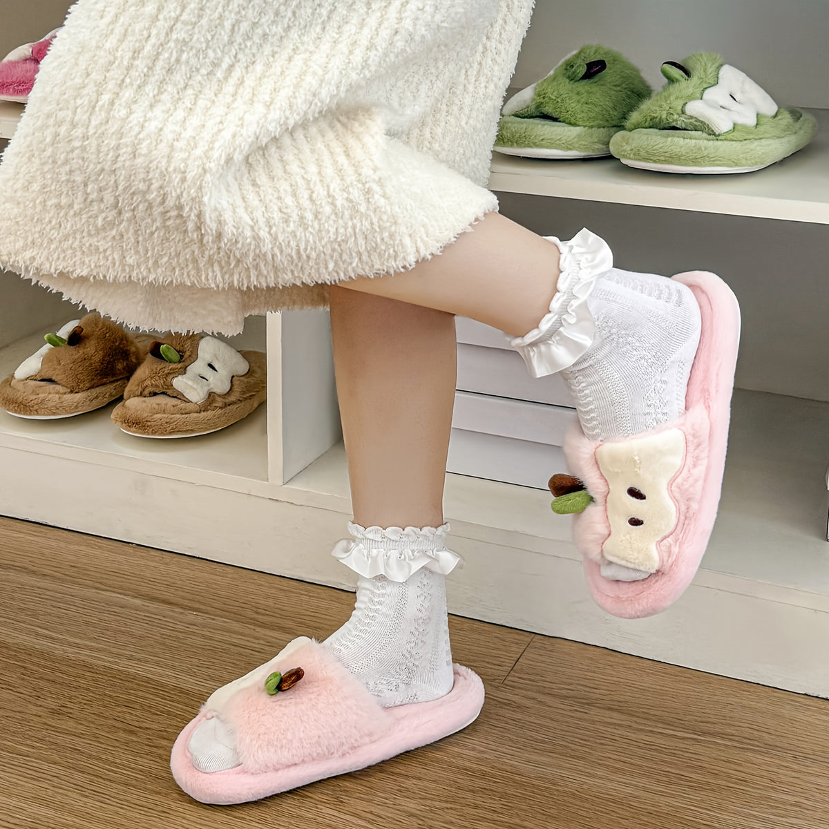 Women's Plush Slip-On Slippers with Cute Bear & Heart Face - Soft Fabric Upper & PVC Sole