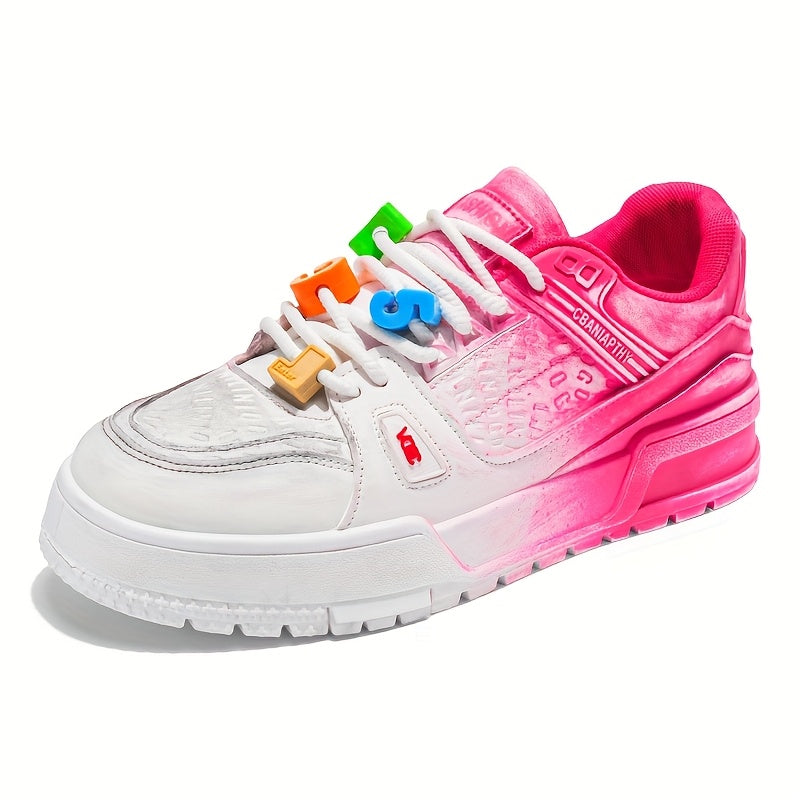 Men's Trendy Low-Top Skate Sneakers - White & Pink Casual Shoes with Playful Number Design