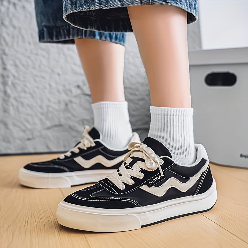 Men'S Casual Skate Shoes - Low-Top Lace-Up Sneakers with Beige & Black Colorway, EVA Sole, and \