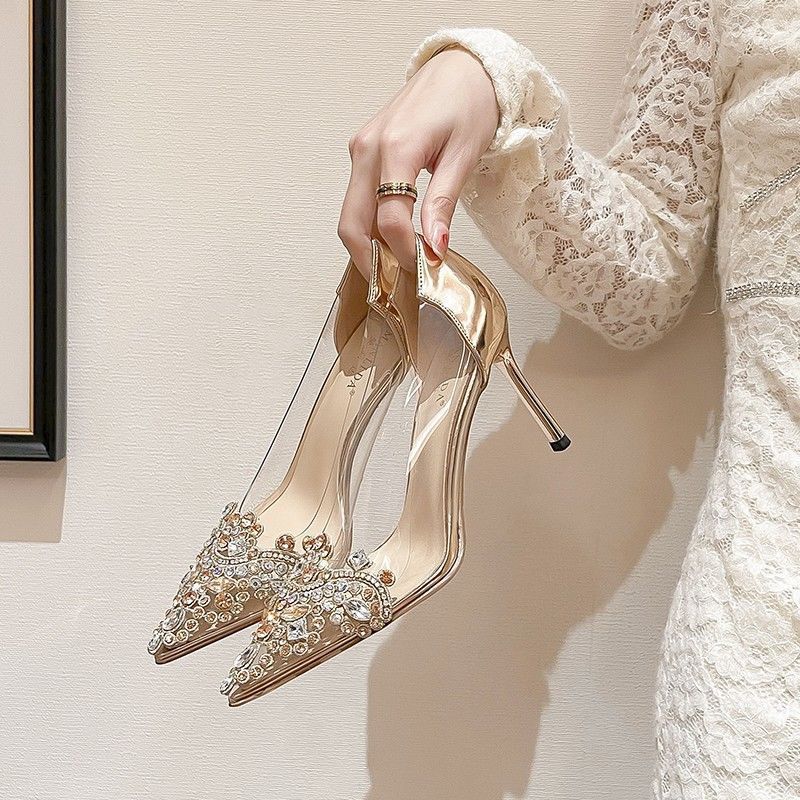 Women'S Elegant Transparent High Heel Wedding Shoes with Rhinestone-Adorned Pointed Toe - Korean-Inspired Stiletto Heels