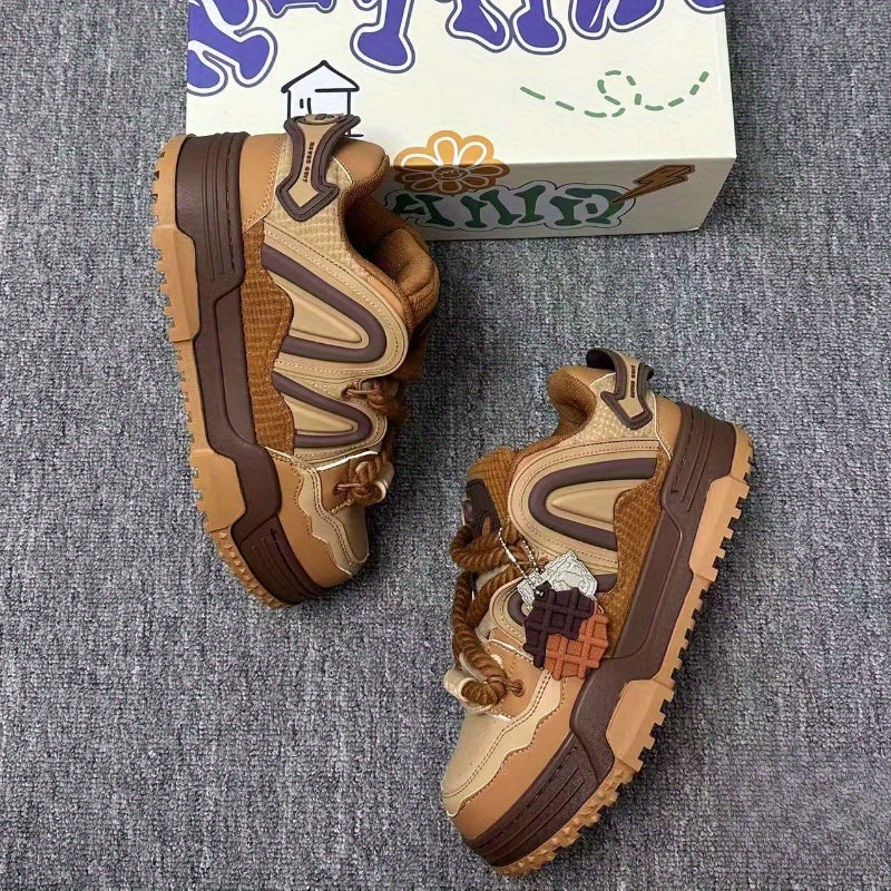 Caramel Brown & Pudding Yellow Women's Unisex Skate Shoes - Thick EVA Sole Height-Increasing Low-Top Sneakers with Waffle Texture