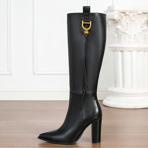 Women's Synthetic Cover Pointed Toe Winter Glossy Black High-Knee Boots with Chunky Heel & Zipper Closure - Glossy All-Black Design