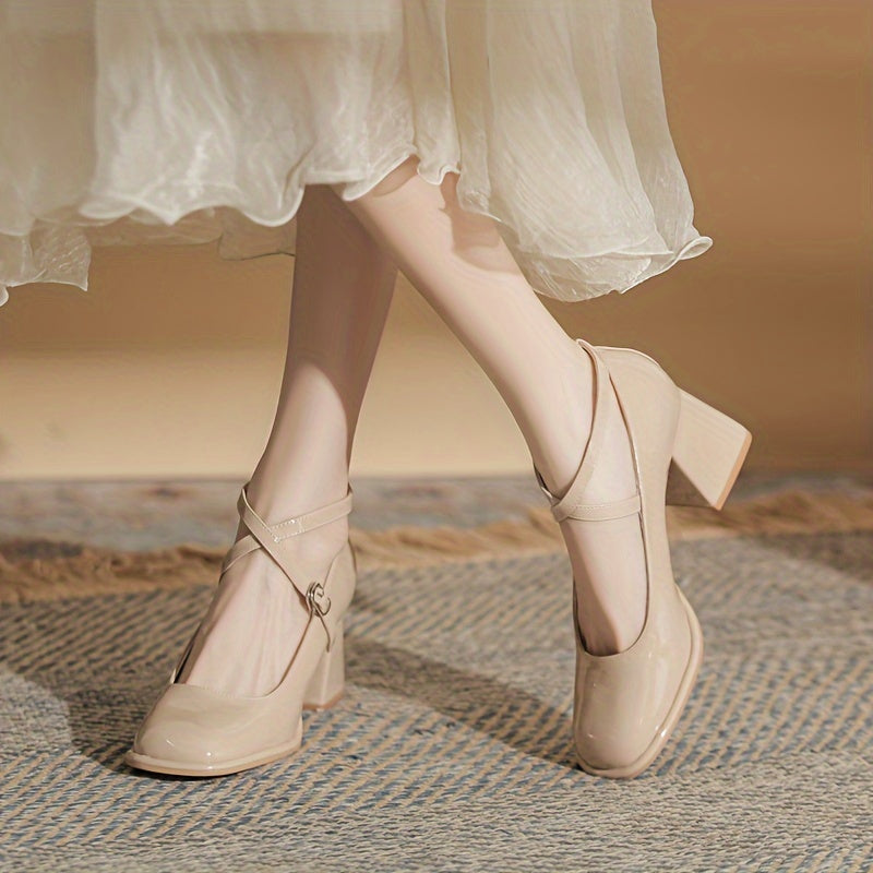 Pink 2024 New Cross-Band Mary Jane Women's Shoes French Thick Heel Single Shoes Spring