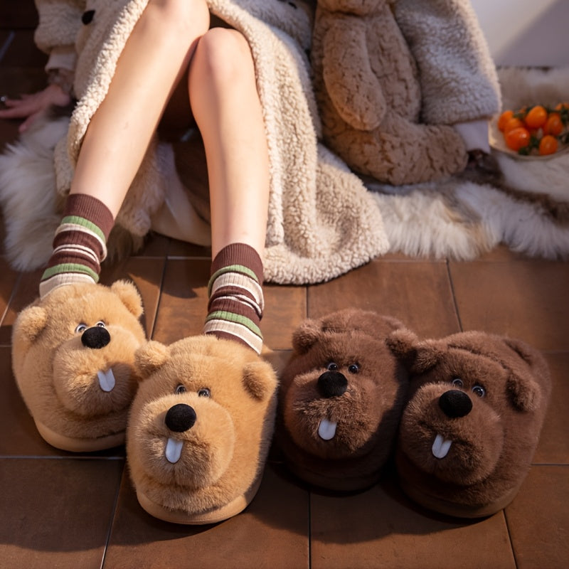 ECAC Cozy Fleece Slippers - Cute Cartoon Bear Design, Soft & Warm Indoor Shoes for Men & Women