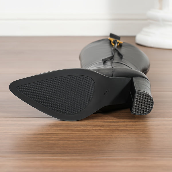 Women's Synthetic Cover Pointed Toe Winter Glossy Black High-Knee Boots with Chunky Heel & Zipper Closure - Glossy All-Black Design