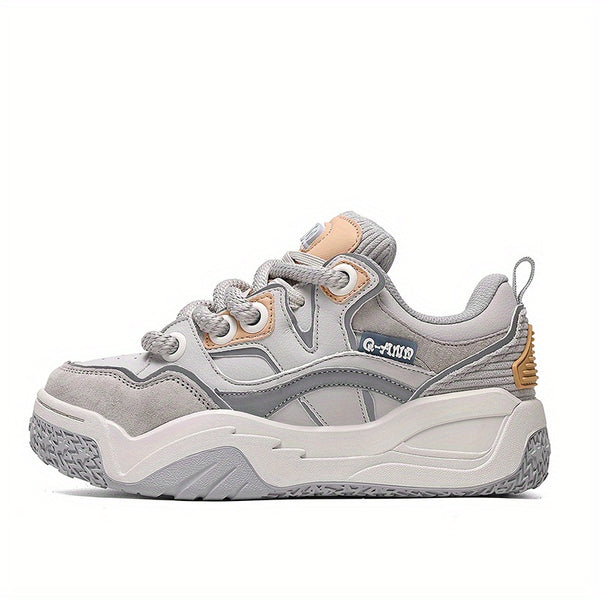 Men'S & Women'S Low-Top Skate Sneakers - Grey & Beige Colorway with Brown Accent - Breathable Fabric & Synthetic Upper