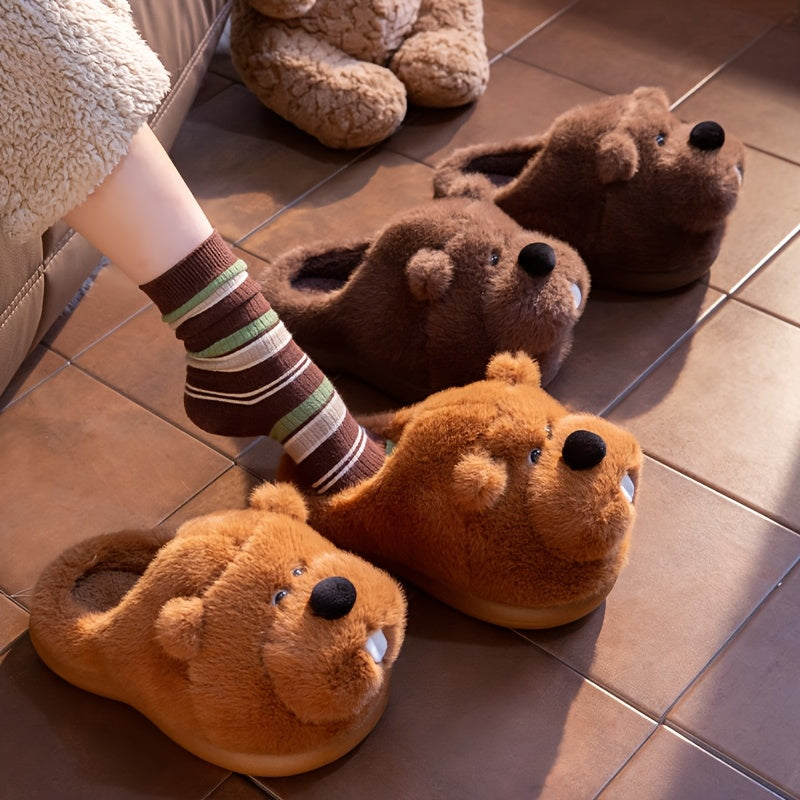 ECAC Cozy Fleece Slippers - Cute Cartoon Bear Design, Soft & Warm Indoor Shoes for Men & Women