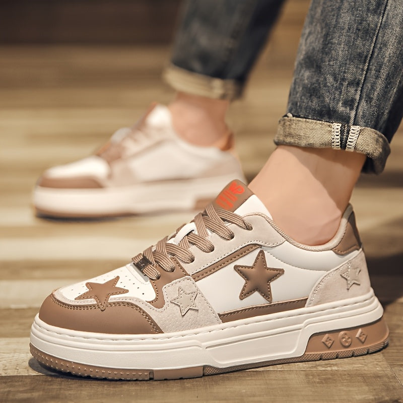Men's Trendy Low-Top Skate Sneakers - White & Brown Star Design, Lace-Up, Rubber Sole