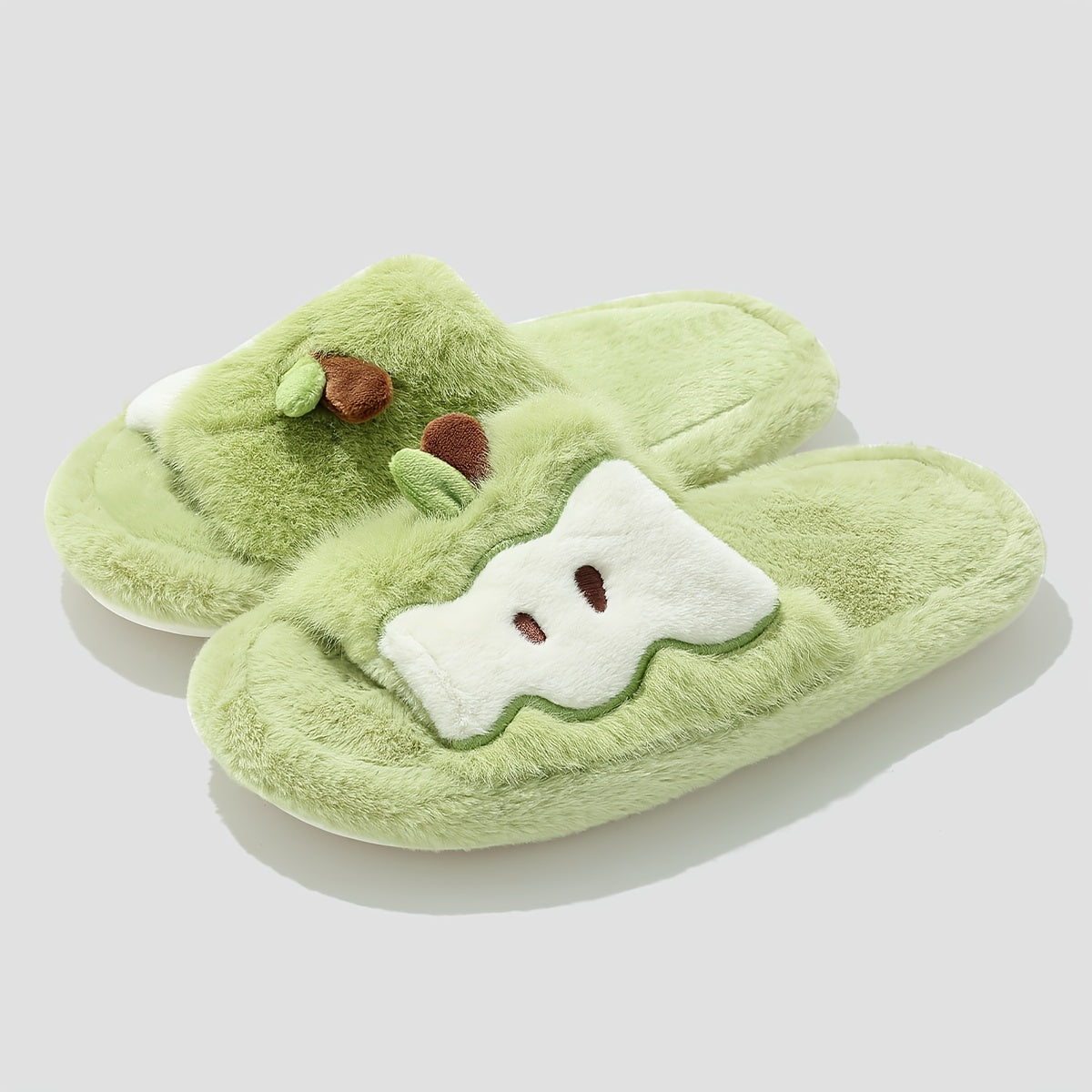 Women's Plush Slip-On Slippers with Cute Bear & Heart Face - Soft Fabric Upper & PVC Sole