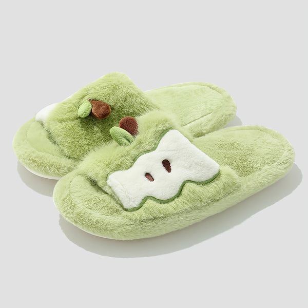 Women's Plush Slip-On Slippers with Cute Bear & Heart Face - Soft Fabric Upper & PVC Sole