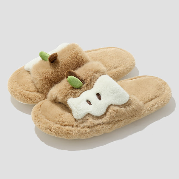 Women's Plush Slip-On Slippers with Cute Bear & Heart Face - Soft Fabric Upper & PVC Sole