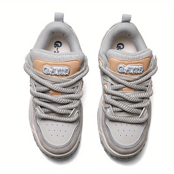 Men'S & Women'S Low-Top Skate Sneakers - Grey & Beige Colorway with Brown Accent - Breathable Fabric & Synthetic Upper