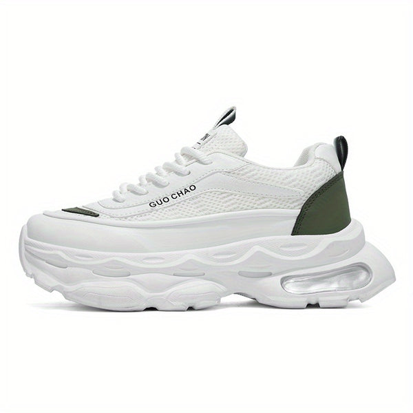 Men's Sneakers - White\u002FGreen Accents, Breathable Running Shoes with Thick Cushioned Sole
