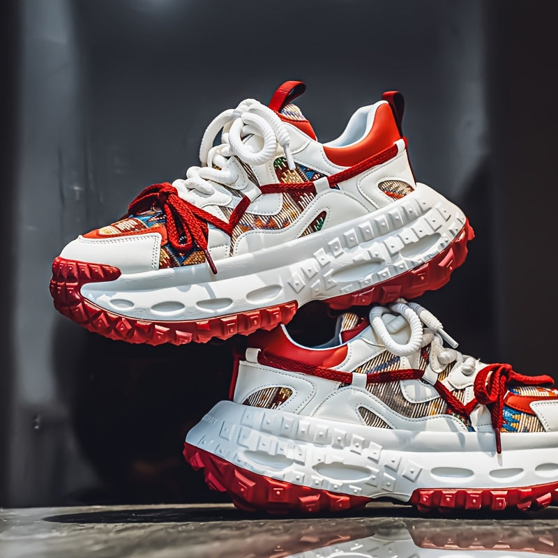 Men'S All-Season Fashion Sneakers - Trendy Thick Sole, Durable, Lace-Up Casual Shoes with Stylish Argyle Pattern