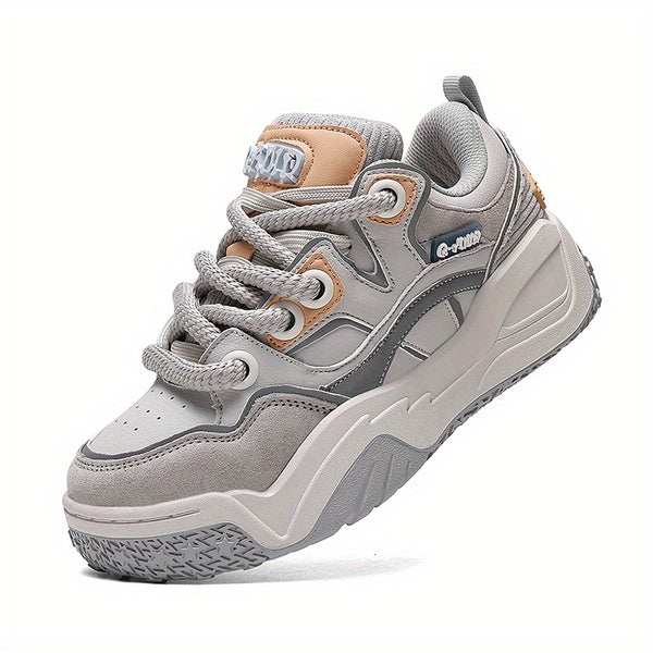 Men'S & Women'S Low-Top Skate Sneakers - Grey & Beige Colorway with Brown Accent - Breathable Fabric & Synthetic Upper