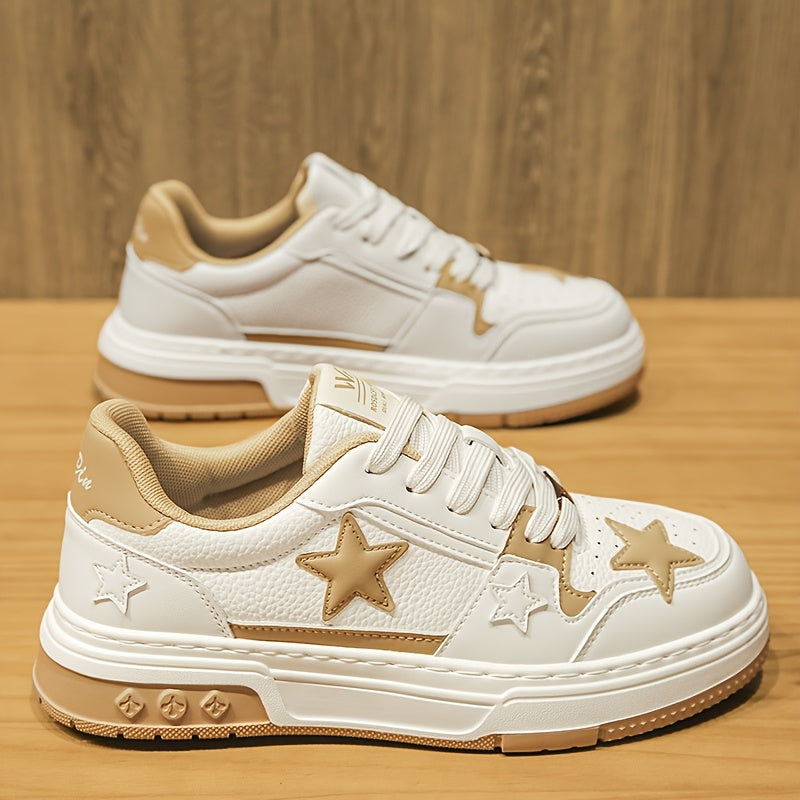 Men's Trendy Low-Top Skate Sneakers - White & Brown Star Design, Lace-Up, Rubber Sole
