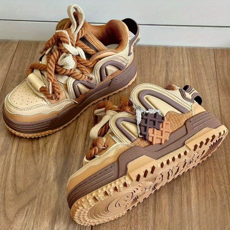 Caramel Brown & Pudding Yellow Women's Unisex Skate Shoes - Thick EVA Sole Height-Increasing Low-Top Sneakers with Waffle Texture