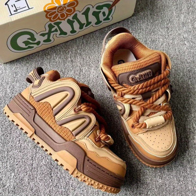 Caramel Brown & Pudding Yellow Women's Unisex Skate Shoes - Thick EVA Sole Height-Increasing Low-Top Sneakers with Waffle Texture