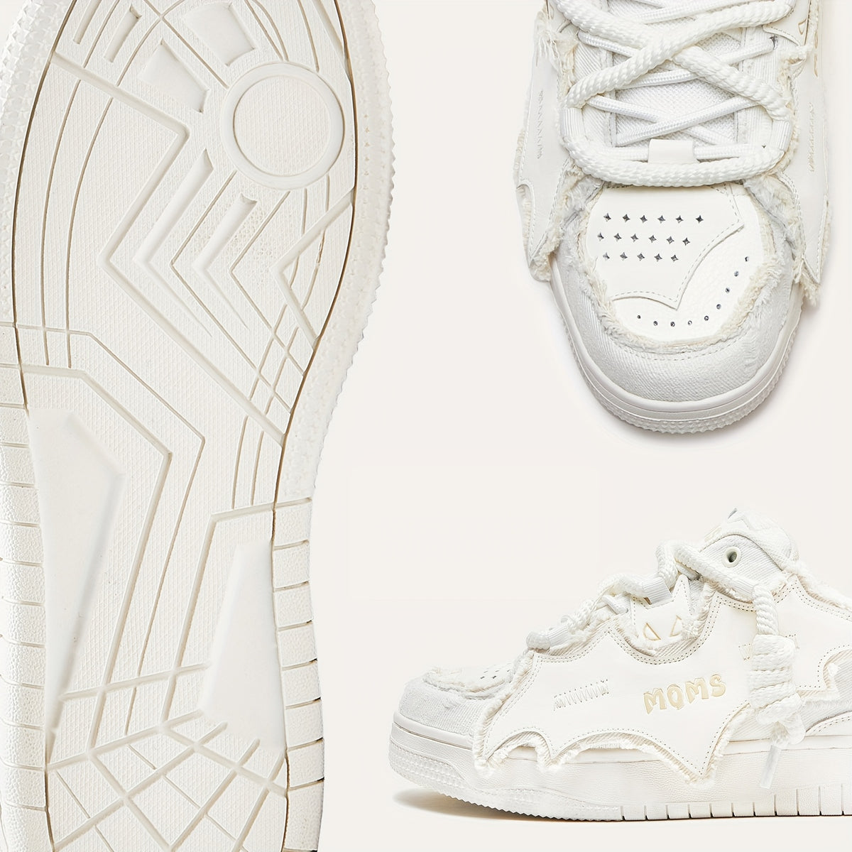 MQMS White Knight Low-Top Sneakers - Unisex Streetwear Slip-Resistant Rubber Sole