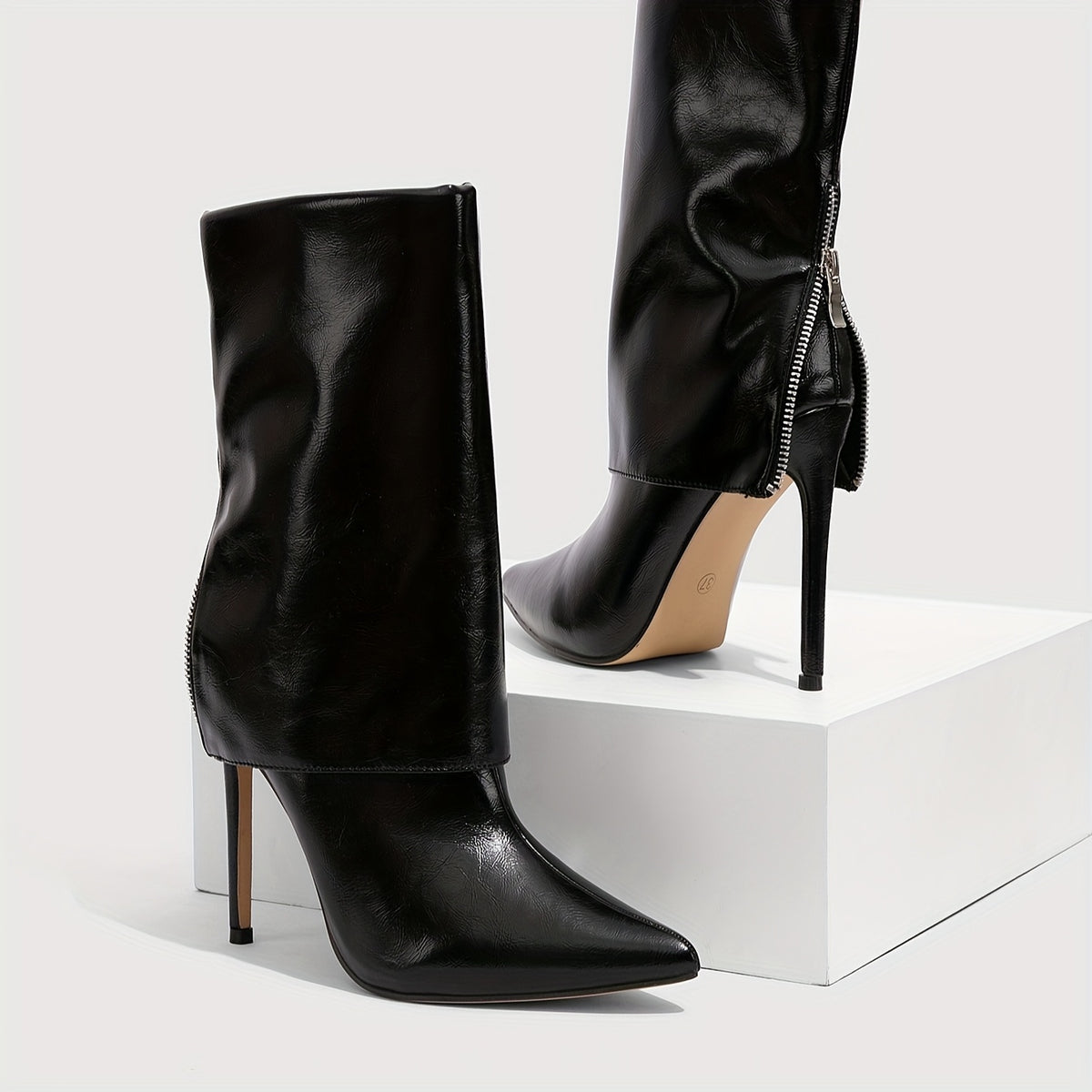 Women's Elegant Black Pointed-Toe Stiletto High Heel Ankle Boots with Back Zipper - Glossy Synthetic Cover