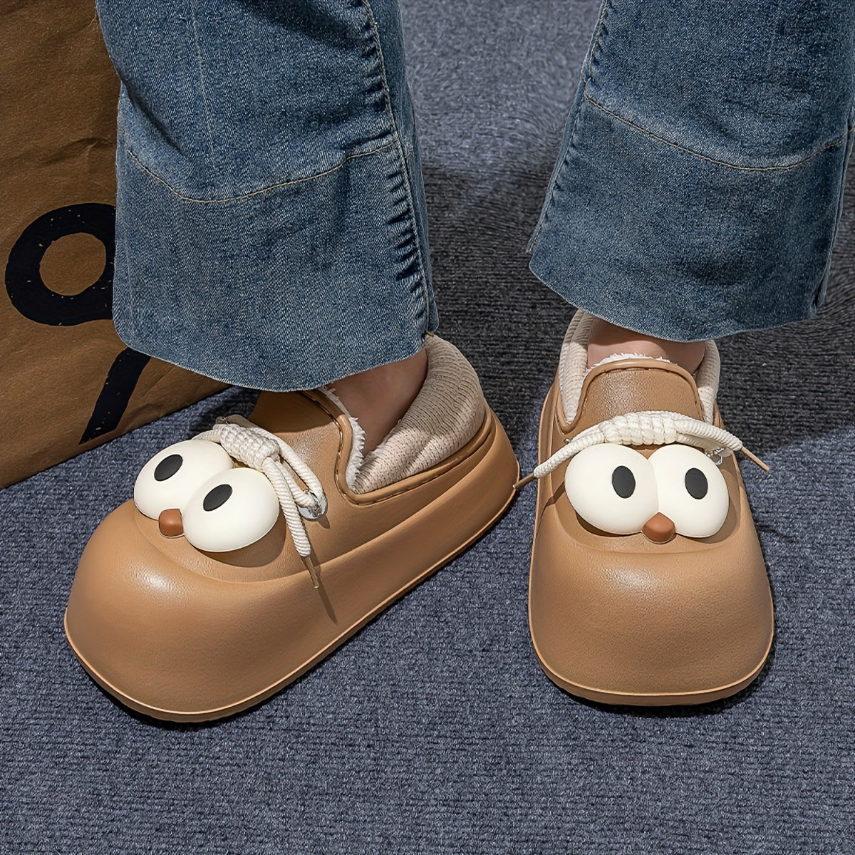 Women's Slip-On Shoes - Cute Owl-like Eyes - Beige\u002FBrown\u002FBlack Color Options