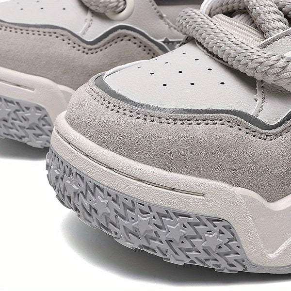 Men'S & Women'S Low-Top Skate Sneakers - Grey & Beige Colorway with Brown Accent - Breathable Fabric & Synthetic Upper