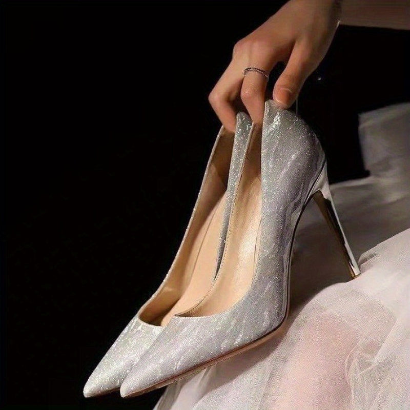 2024 Wedding Shoes French Style High Heels for s Sexy Thin Heels Bridal Shoes Bridesmaid Pointed Toe Sequin Single Shoes Silvery