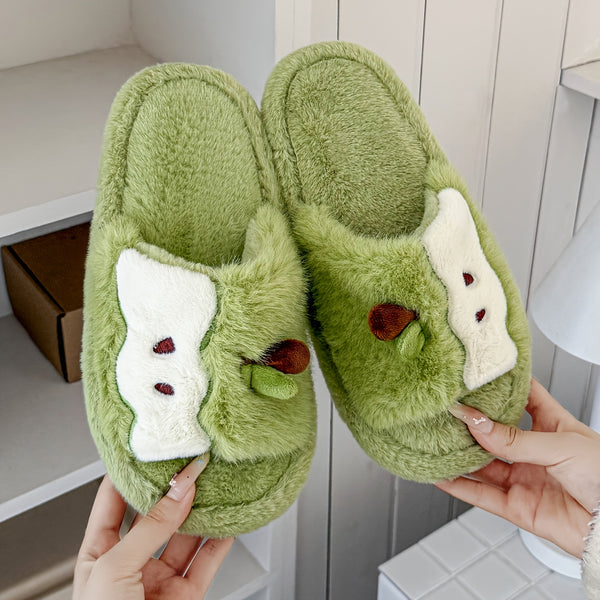 Women's Plush Slip-On Slippers with Cute Bear & Heart Face - Soft Fabric Upper & PVC Sole