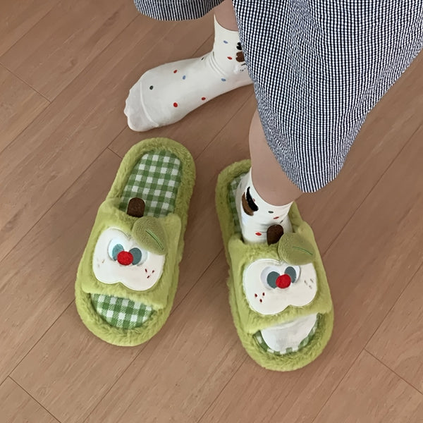 XIXITIAO Women's Plaid Apple Slippers - Korean\u002F Style Cute Green Gingham & Red Checkered House with Sole
