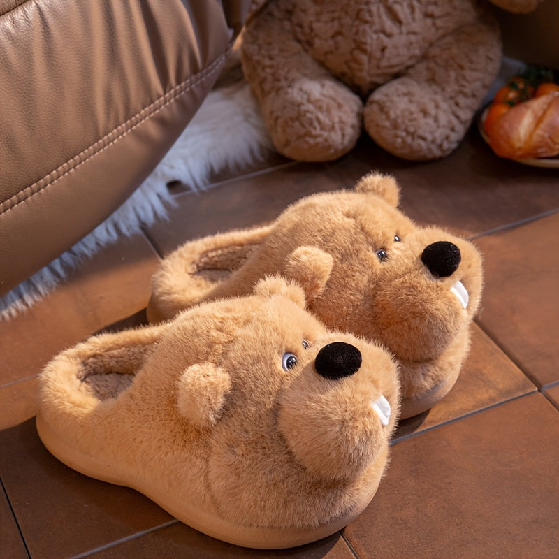 ECAC Cozy Fleece Slippers - Cute Cartoon Bear Design, Soft & Warm Indoor Shoes for Men & Women