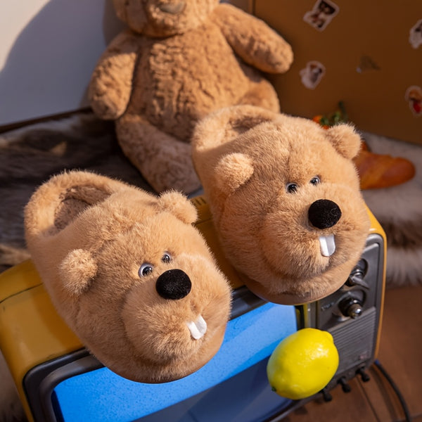ECAC Cozy Fleece Slippers - Cute Cartoon Bear Design, Soft & Warm Indoor Shoes for Men & Women
