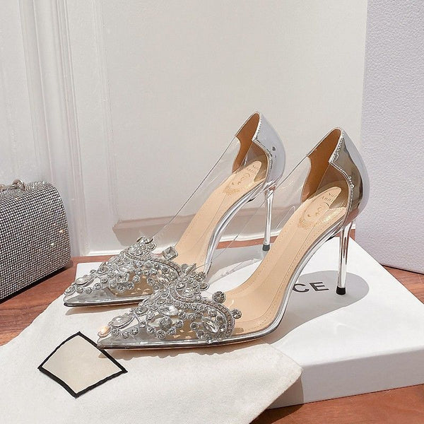 Women'S Elegant Transparent High Heel Wedding Shoes with Rhinestone-Adorned Pointed Toe - Korean-Inspired Stiletto Heels