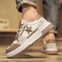 Men's Trendy Low-Top Skate Sneakers - White & Brown Star Design, Lace-Up, Rubber Sole