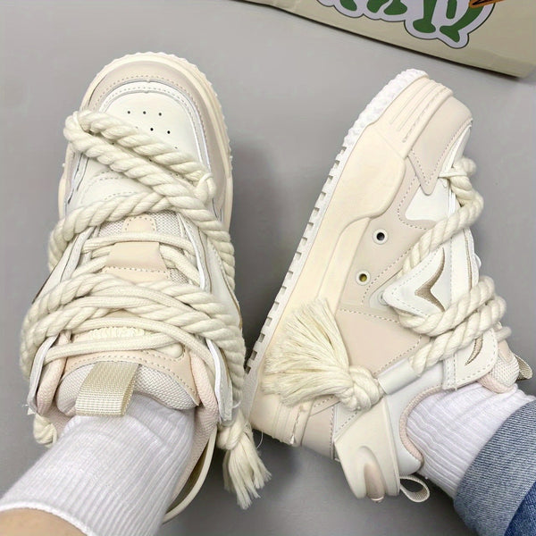 Unisex Retro Skate Shoes - Non-Slip Thick Sole, Lace-Up Closure, Beige\u002FWhite\u002FBlack