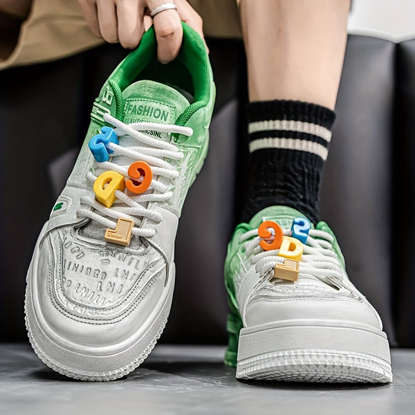 Men's Trendy Low-Top Skate Sneakers - White & Pink Casual Shoes with Playful Number Design