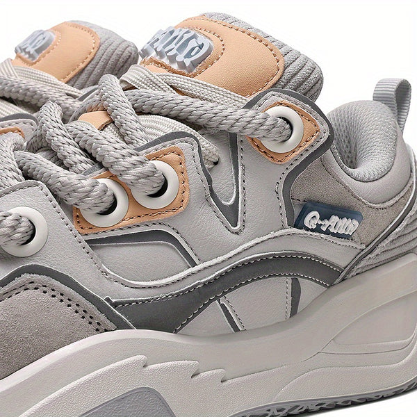 Men'S & Women'S Low-Top Skate Sneakers - Grey & Beige Colorway with Brown Accent - Breathable Fabric & Synthetic Upper