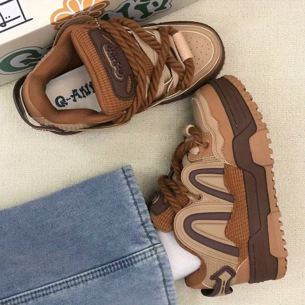 Caramel Brown & Pudding Yellow Women's Unisex Skate Shoes - Thick EVA Sole Height-Increasing Low-Top Sneakers with Waffle Texture