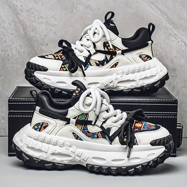 Men'S All-Season Fashion Sneakers - Trendy Thick Sole, Durable, Lace-Up Casual Shoes with Stylish Argyle Pattern