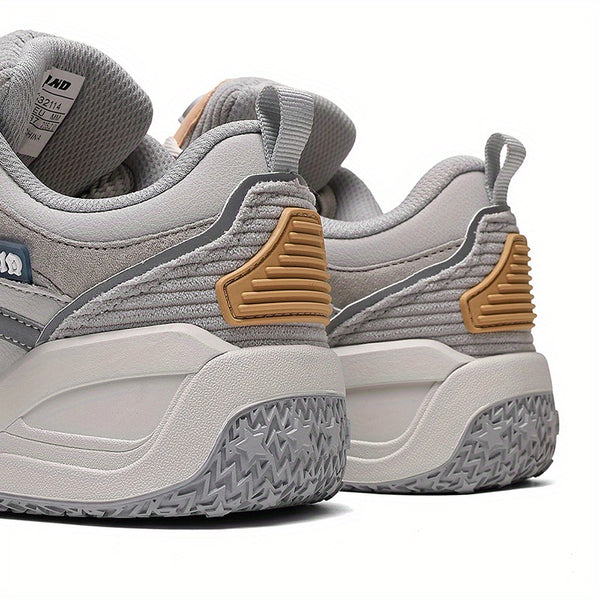 Men'S & Women'S Low-Top Skate Sneakers - Grey & Beige Colorway with Brown Accent - Breathable Fabric & Synthetic Upper