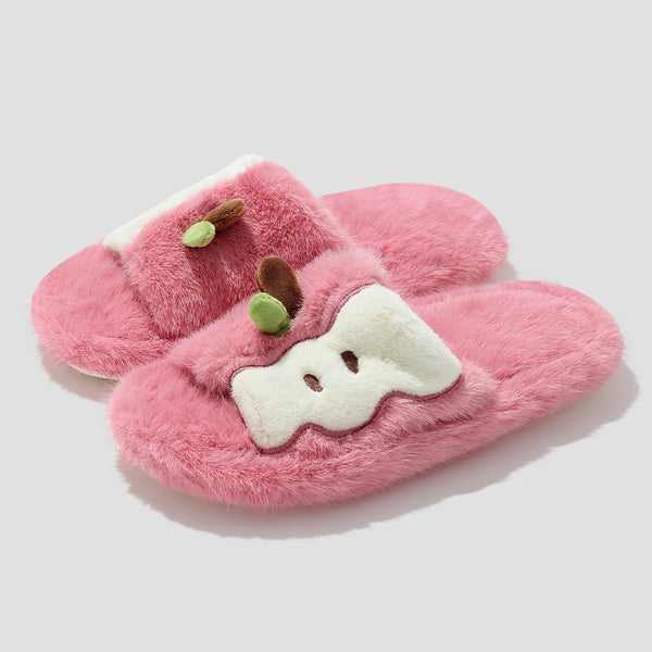 Women's Plush Slip-On Slippers with Cute Bear & Heart Face - Soft Fabric Upper & PVC Sole