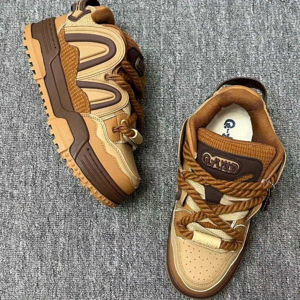 Caramel Brown & Pudding Yellow Women's Unisex Skate Shoes - Thick EVA Sole Height-Increasing Low-Top Sneakers with Waffle Texture