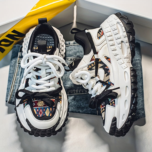 Men'S All-Season Fashion Sneakers - Trendy Thick Sole, Durable, Lace-Up Casual Shoes with Stylish Argyle Pattern