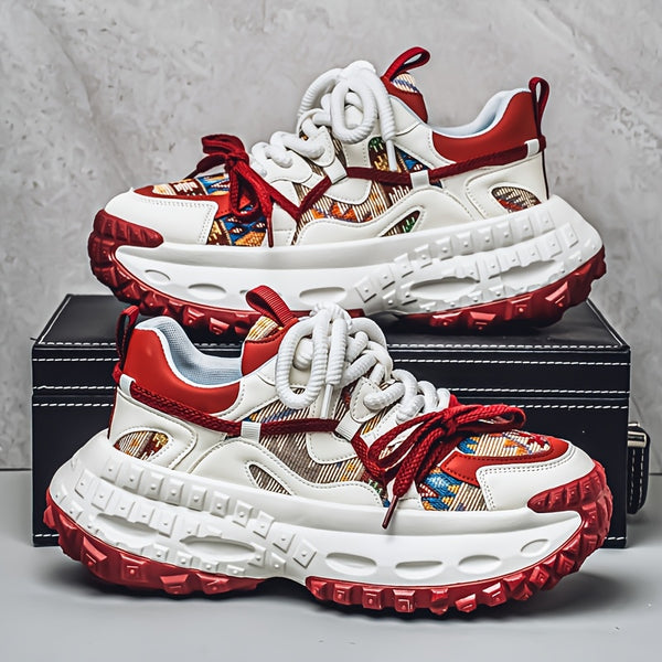 Men'S All-Season Fashion Sneakers - Trendy Thick Sole, Durable, Lace-Up Casual Shoes with Stylish Argyle Pattern