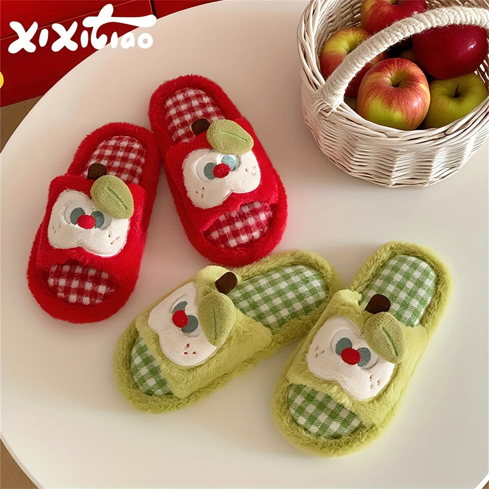 XIXITIAO Women's Plaid Apple Slippers - Korean\u002F Style Cute Green Gingham & Red Checkered House with Sole
